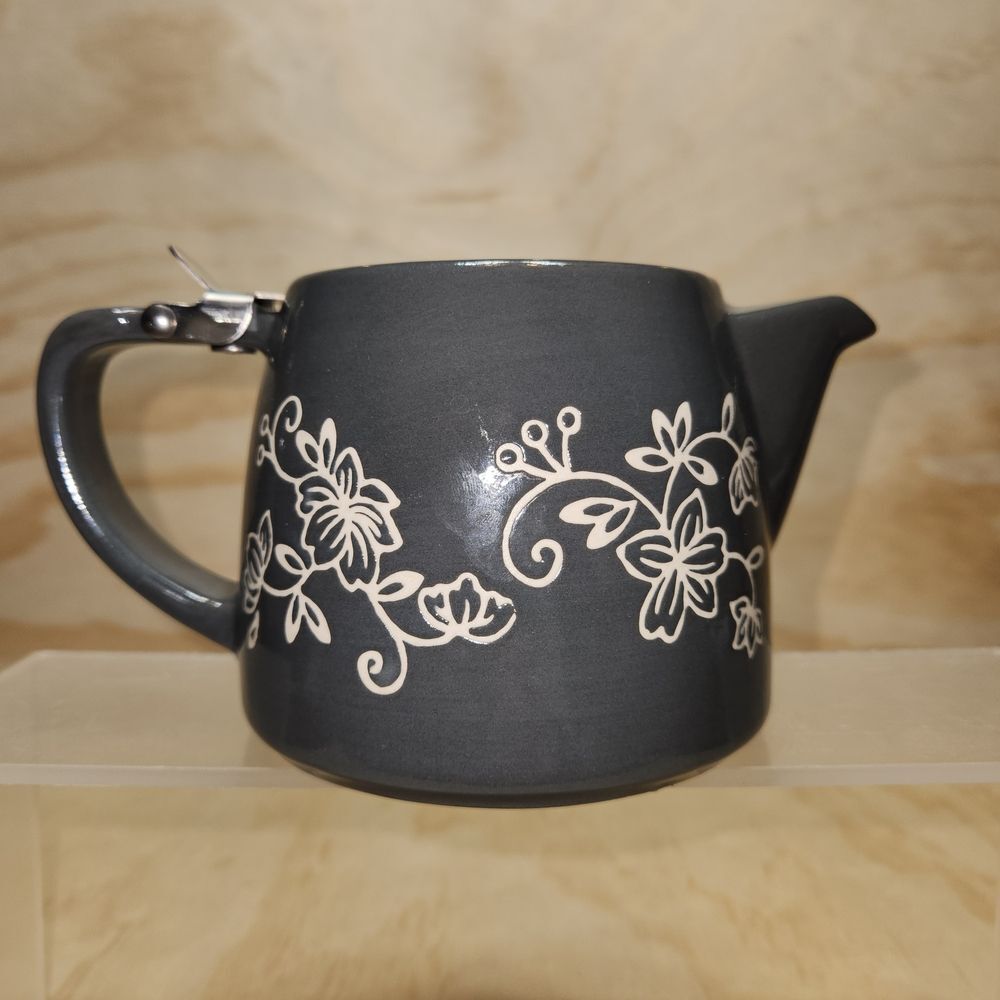 Temp-Tations by Tara Slate Blue Gray Floral Lace Teapot 18 oz Ceramic Beverage - Picture 3 of 10